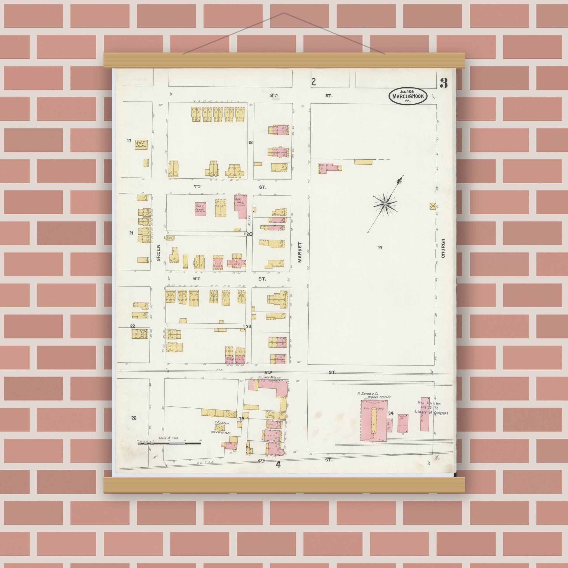 Old map wall art mockup — magnetic wood frame on brick wall — Sanborn Fire Insurance Map from Marcus Hook, Chester County, Pennsylvania (1905), Sheet #0003
