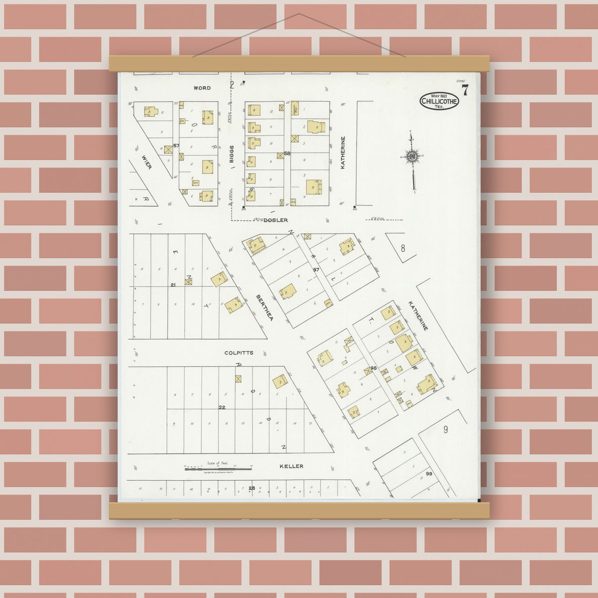 Old map wall art mockup — magnetic wood frame on brick wall — Sanborn Fire Insurance Map from Chillicothe, Hardeman County, Texas (1921), Sheet #0007