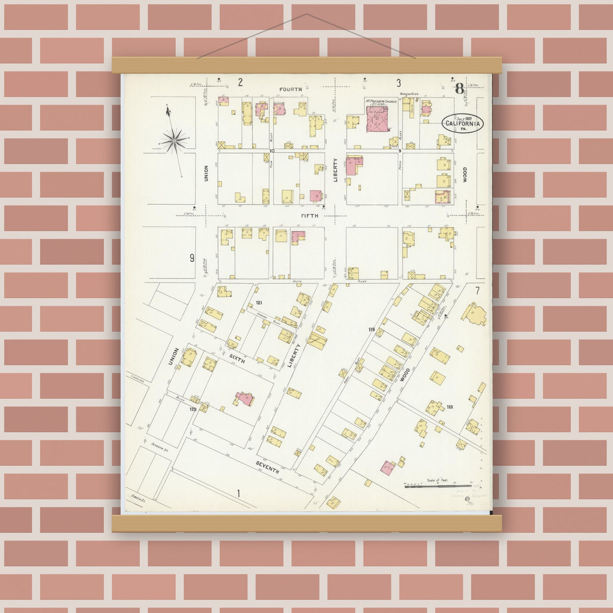 Old map wall art mockup — magnetic wood frame on brick wall — Sanborn Fire Insurance Map from California, Washington County, Pennsylvania (1907), Sheet #0008