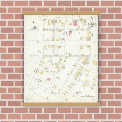 Old map wall art mockup — magnetic wood frame on brick wall — Sanborn Fire Insurance Map from California, Washington County, Pennsylvania (1907), Sheet #0008