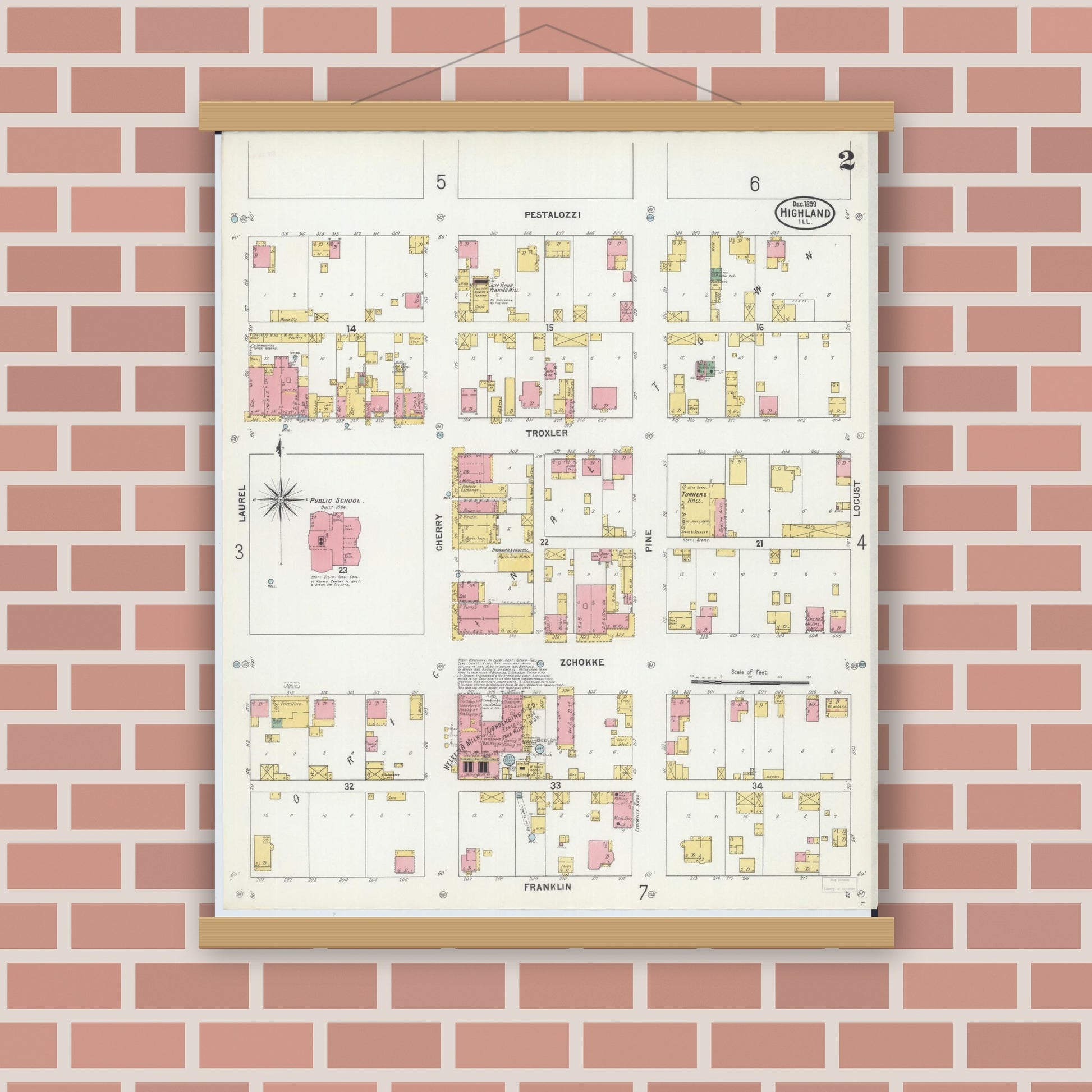 Old map wall art mockup — magnetic wood frame on brick wall — Sanborn Fire Insurance Map from Highland, Madison County, Illinois (1899), Sheet #0002