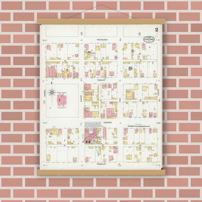 Old map wall art mockup — magnetic wood frame on brick wall — Sanborn Fire Insurance Map from Highland, Madison County, Illinois (1899), Sheet #0002
