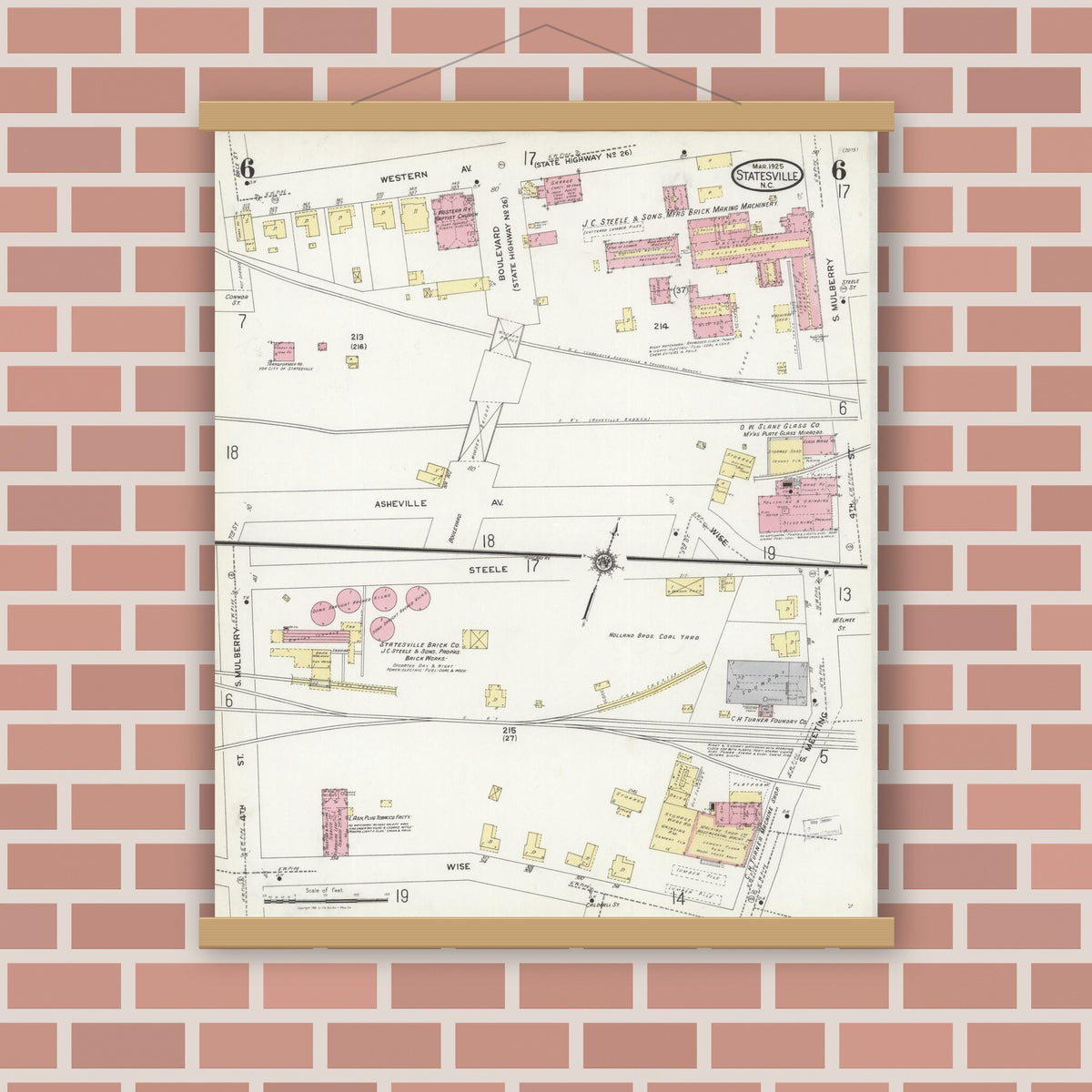 Old map wall art mockup — magnetic wood frame on brick wall — Sanborn Fire Insurance Map from Statesville, Iredell County, North Carolina (1925), Sheet #0006