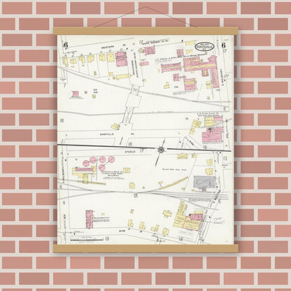 Old map wall art mockup — magnetic wood frame on brick wall — Sanborn Fire Insurance Map from Statesville, Iredell County, North Carolina (1925), Sheet #0006
