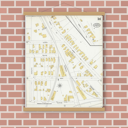 Old map wall art mockup — magnetic wood frame on brick wall — Sanborn Fire Insurance Map from Owego, Tioga County, New York (1904), Sheet #0014