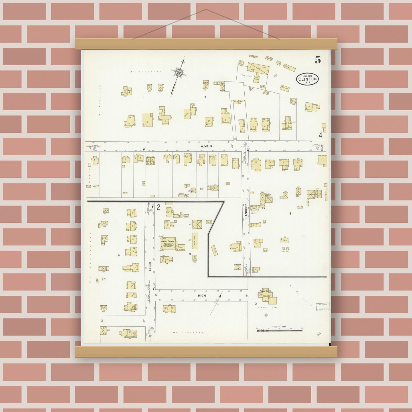 Old map wall art mockup — magnetic wood frame on brick wall — Sanborn Fire Insurance Map from Clinton, Hunterdon County, New Jersey (1912), Sheet #0005
