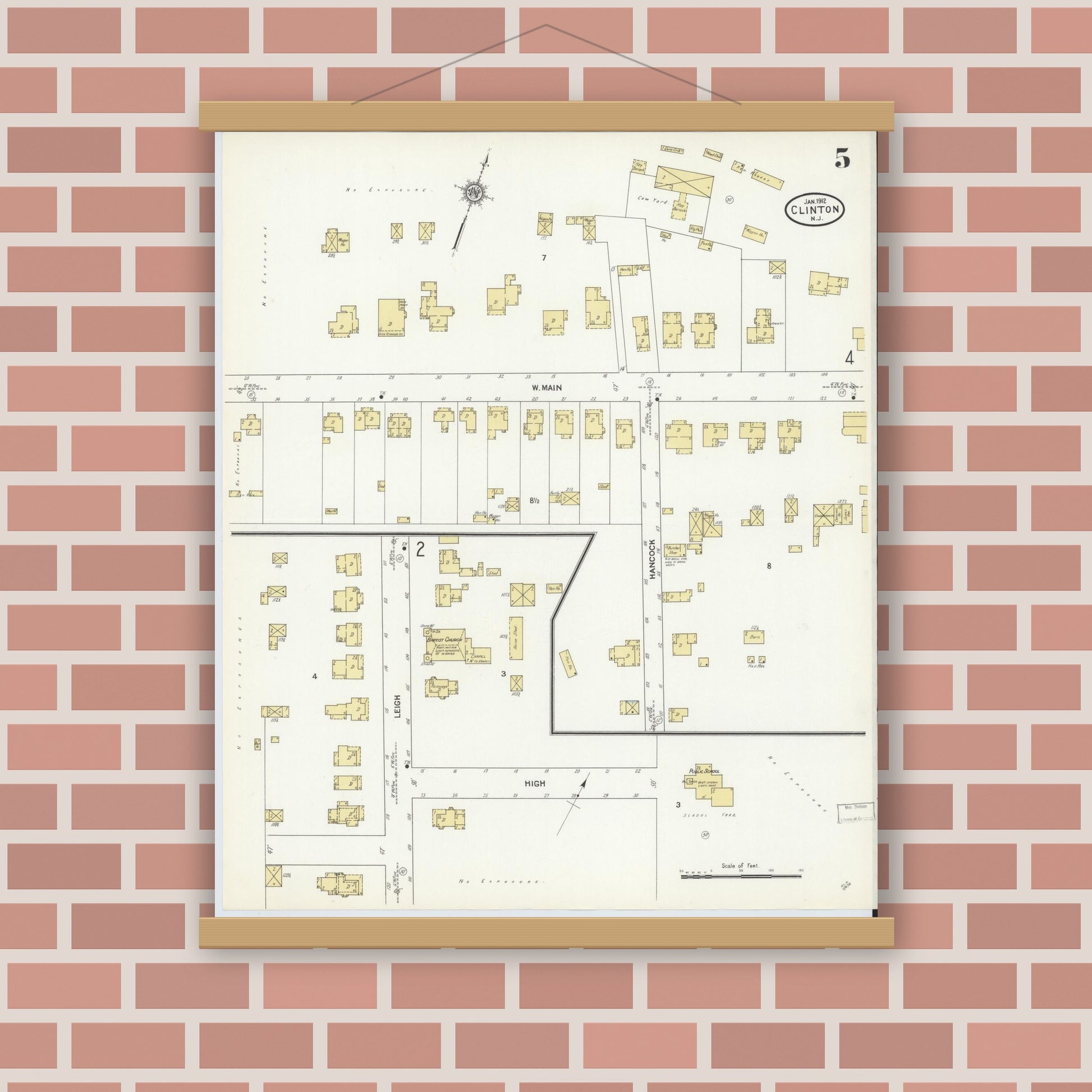 Old map wall art mockup — magnetic wood frame on brick wall — Sanborn Fire Insurance Map from Clinton, Hunterdon County, New Jersey (1912), Sheet #0005