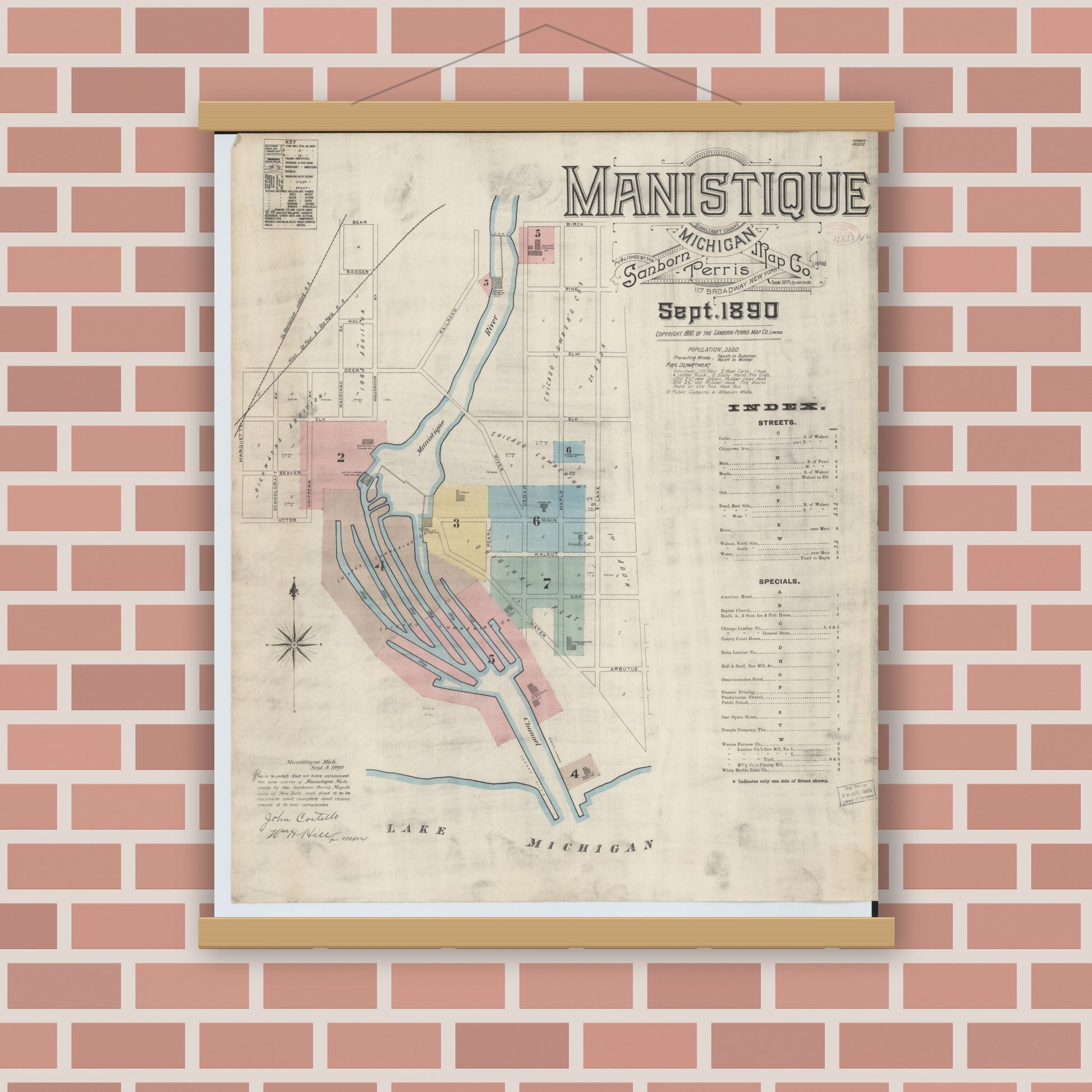 Old map wall art mockup — magnetic wood frame on brick wall — Sanborn Fire Insurance Map from Manistique, Schoolcraft County, Michigan (1890) - Complete Map Set