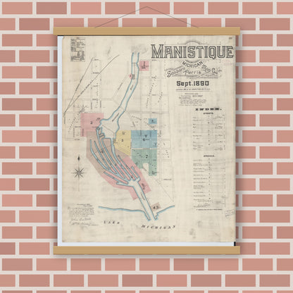 Old map wall art mockup — magnetic wood frame on brick wall — Sanborn Fire Insurance Map from Manistique, Schoolcraft County, Michigan (1890) - Complete Map Set