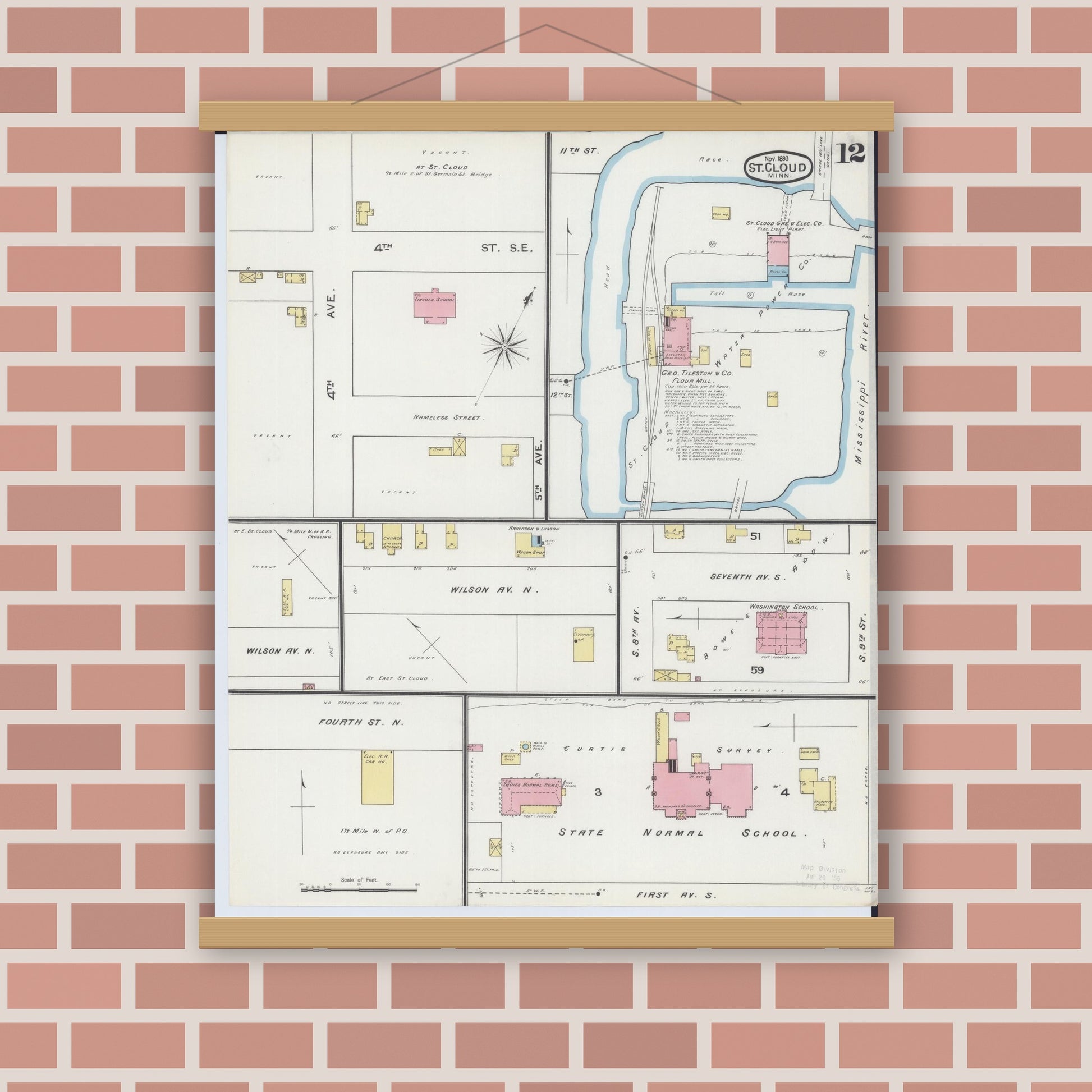 Old map wall art mockup — magnetic wood frame on brick wall — Sanborn Fire Insurance Map from Saint Cloud, Stearns, Benton, and Sherburne Counties, Minnesota (1893), Sheet #0012