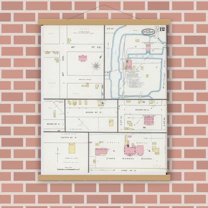 Old map wall art mockup — magnetic wood frame on brick wall — Sanborn Fire Insurance Map from Saint Cloud, Stearns, Benton, and Sherburne Counties, Minnesota (1893), Sheet #0012