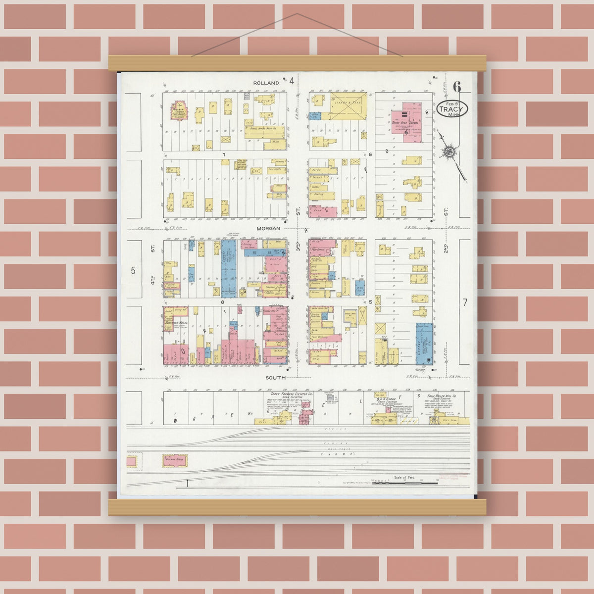 Old map wall art mockup — magnetic wood frame on brick wall — Sanborn Fire Insurance Map from Tracy, Lyon County, Minnesota (1917), Sheet #0006