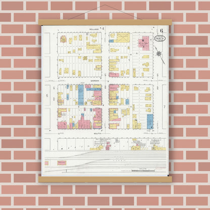 Old map wall art mockup — magnetic wood frame on brick wall — Sanborn Fire Insurance Map from Tracy, Lyon County, Minnesota (1917), Sheet #0006