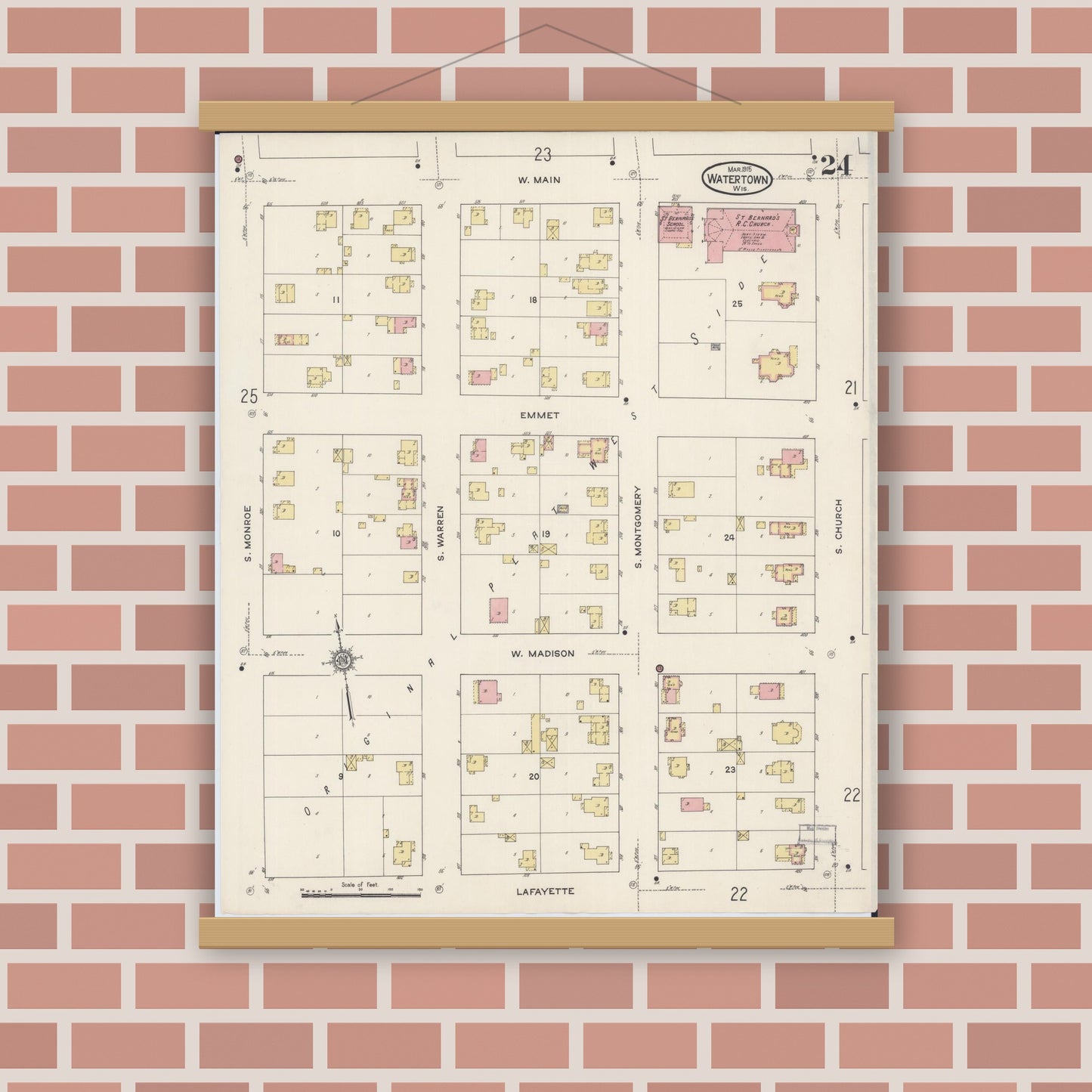 Old map wall art mockup — magnetic wood frame on brick wall — Sanborn Fire Insurance Map from Watertown, Jefferson County, Wisconsin (1915), Sheet #0025