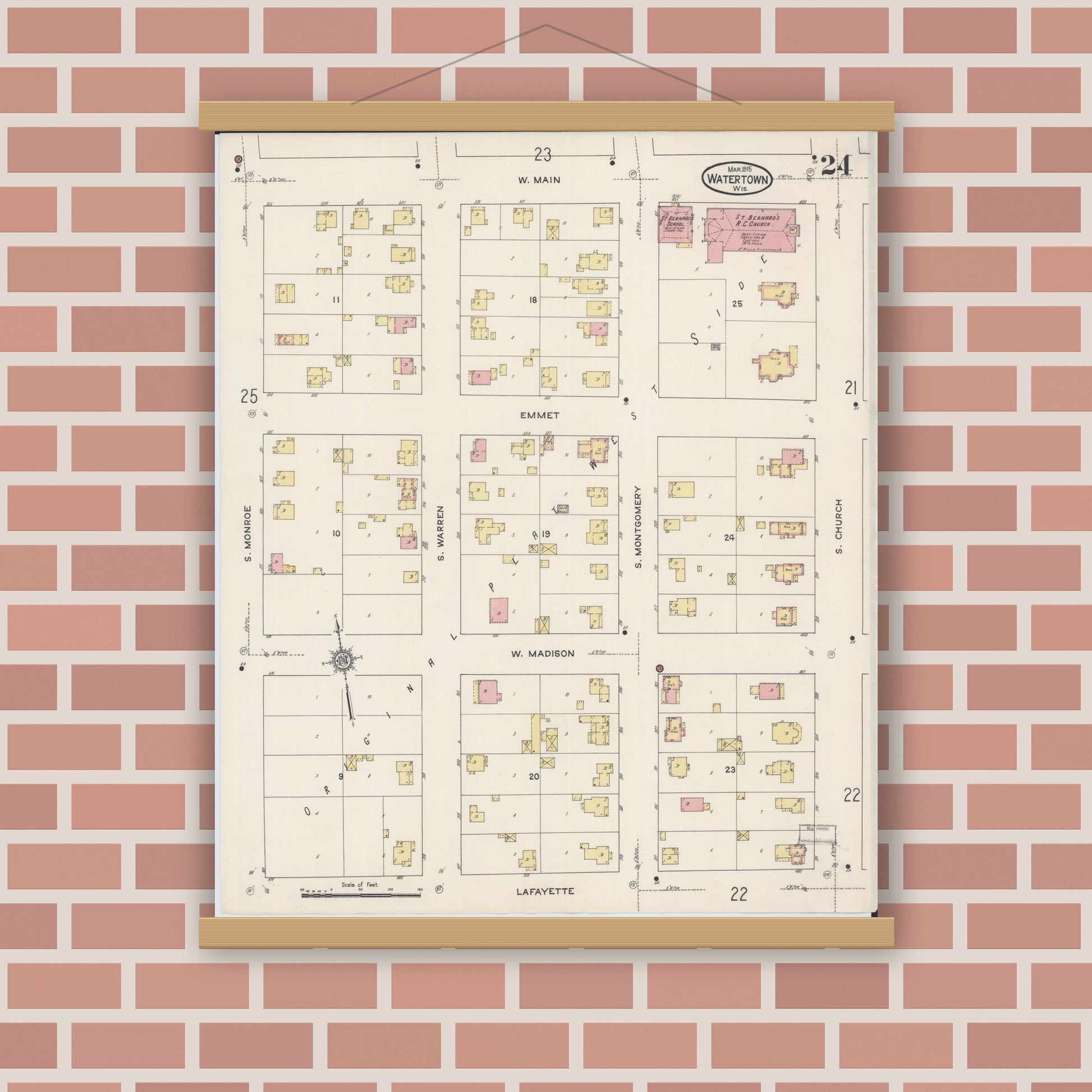 Old map wall art mockup — magnetic wood frame on brick wall — Sanborn Fire Insurance Map from Watertown, Jefferson County, Wisconsin (1915), Sheet #0025