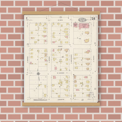 Old map wall art mockup — magnetic wood frame on brick wall — Sanborn Fire Insurance Map from Watertown, Jefferson County, Wisconsin (1915), Sheet #0025