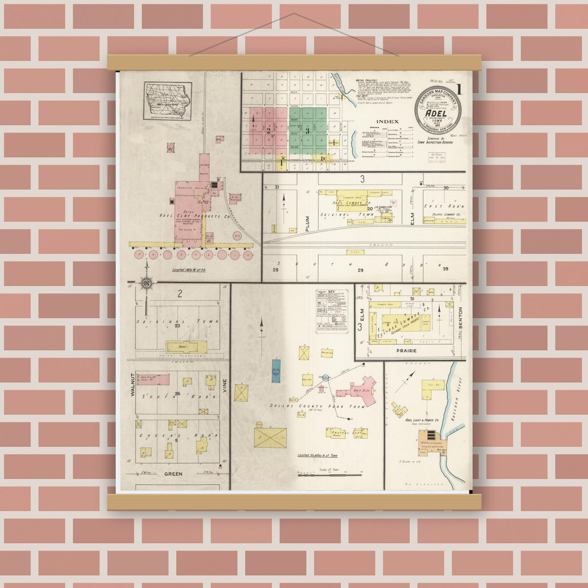 Old map wall art mockup — magnetic wood frame on brick wall — Sanborn Fire Insurance Map from Adel, Dallas County, Iowa (1915), Sheet #0001
