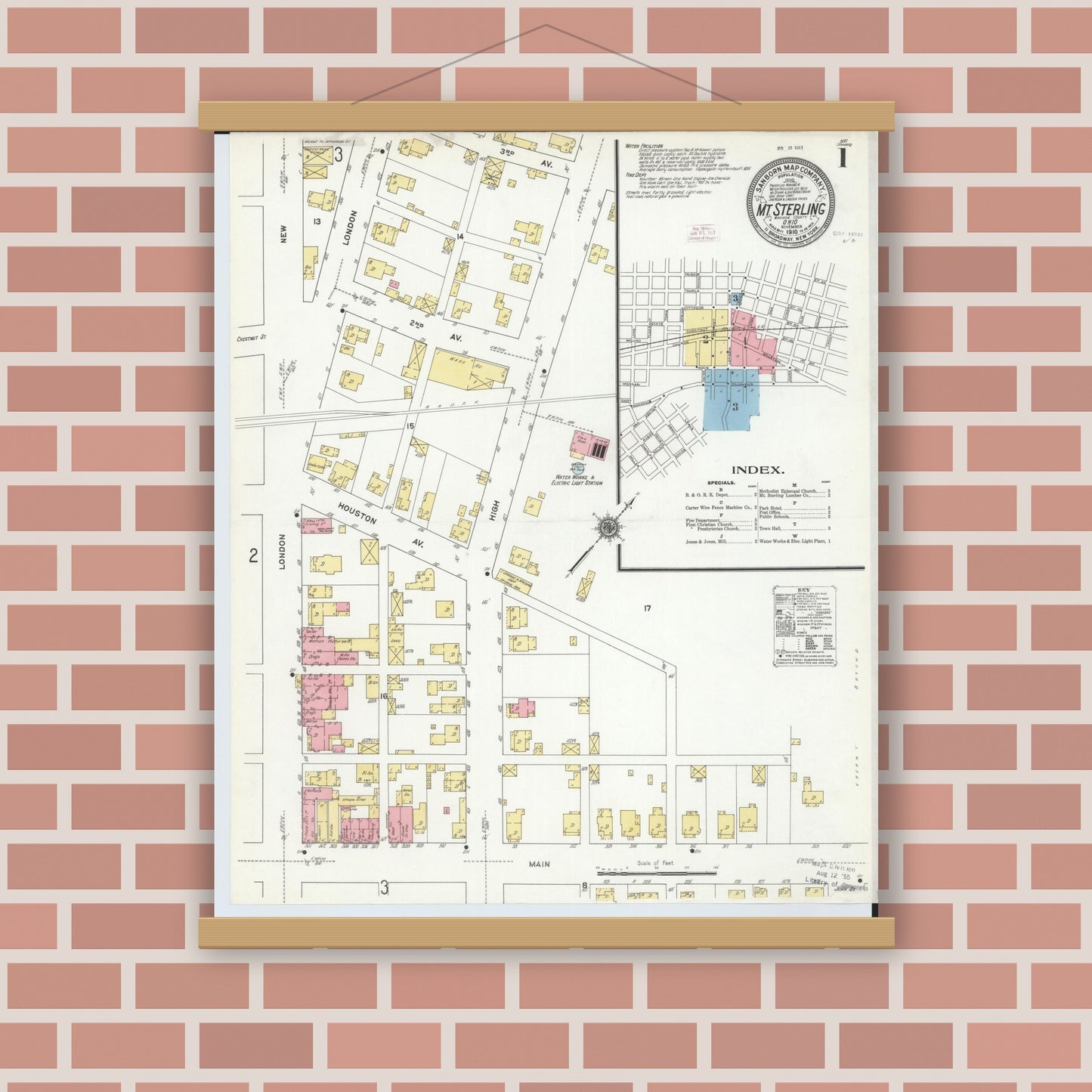 Old map wall art mockup — magnetic wood frame on brick wall — Sanborn Fire Insurance Map from Mount Sterling, Madison County, Ohio (1910) - Complete Map Set