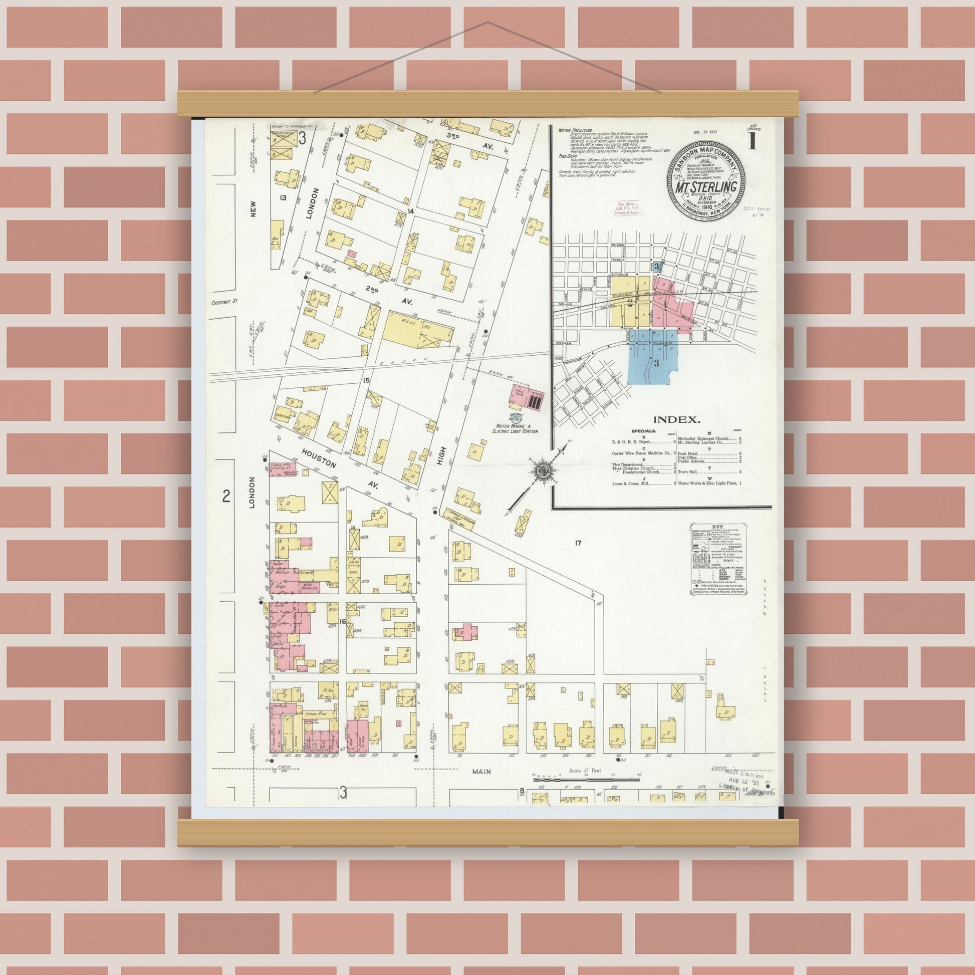 Old map wall art mockup — magnetic wood frame on brick wall — Sanborn Fire Insurance Map from Mount Sterling, Madison County, Ohio (1910) - Complete Map Set
