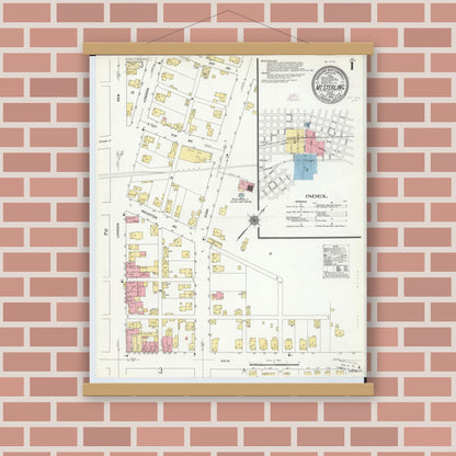 Old map wall art mockup — magnetic wood frame on brick wall — Sanborn Fire Insurance Map from Mount Sterling, Madison County, Ohio (1910) - Complete Map Set