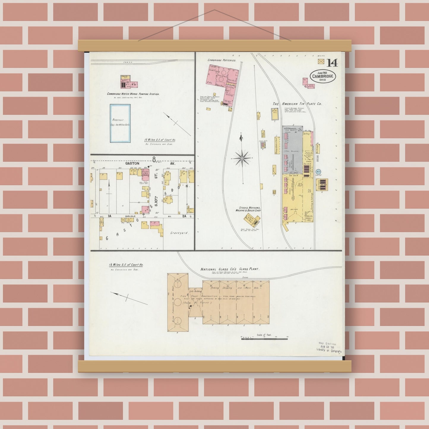 Old map wall art mockup — magnetic wood frame on brick wall — Sanborn Fire Insurance Map from Cambridge, Guernsey County, Ohio (1901), Sheet #0014