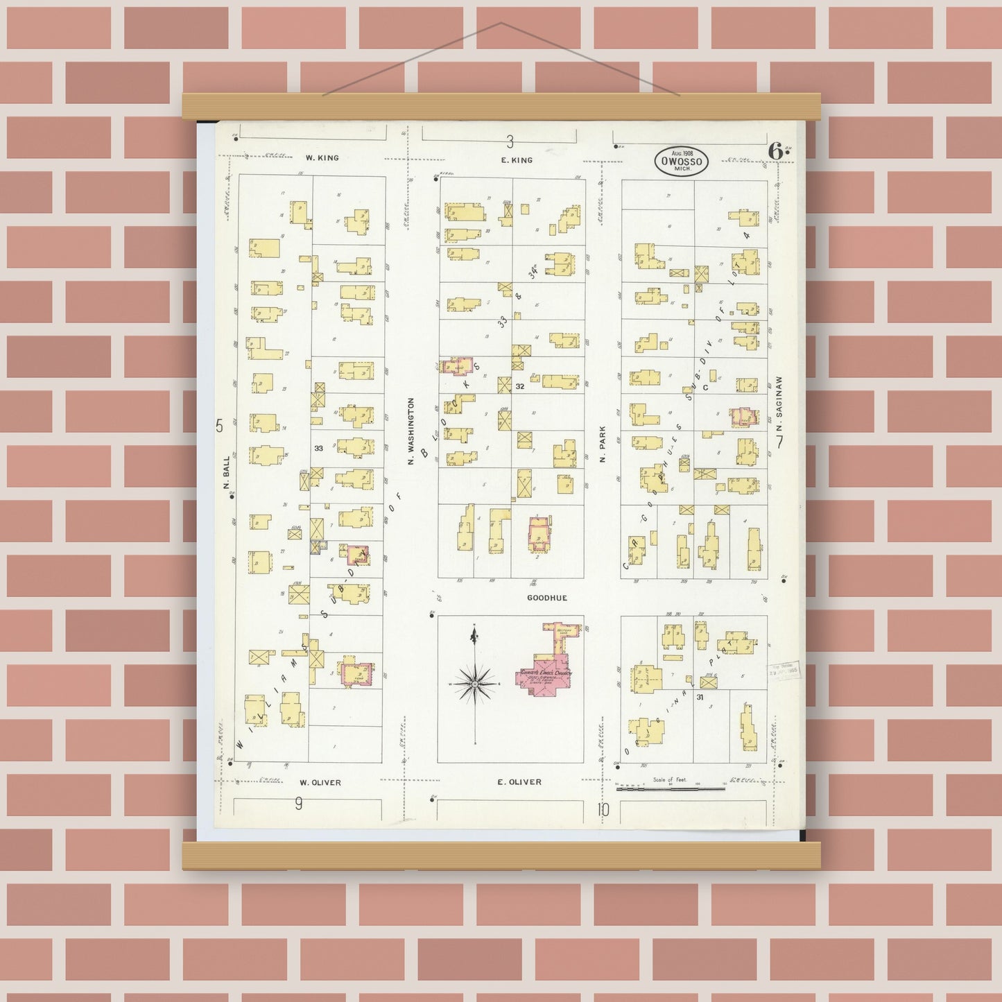 Old map wall art mockup — magnetic wood frame on brick wall — Sanborn Fire Insurance Map from Owosso, Shiawassee County, Michigan (1908), Sheet #0006
