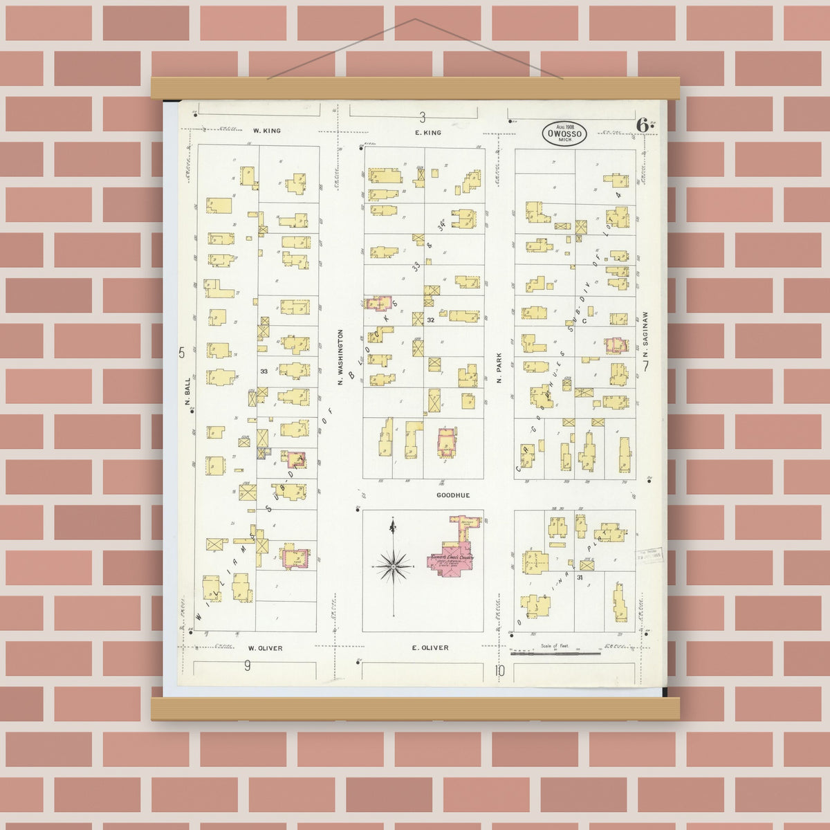 Old map wall art mockup — magnetic wood frame on brick wall — Sanborn Fire Insurance Map from Owosso, Shiawassee County, Michigan (1908), Sheet #0006