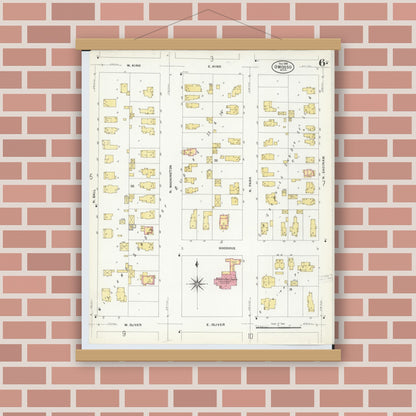 Old map wall art mockup — magnetic wood frame on brick wall — Sanborn Fire Insurance Map from Owosso, Shiawassee County, Michigan (1908), Sheet #0006