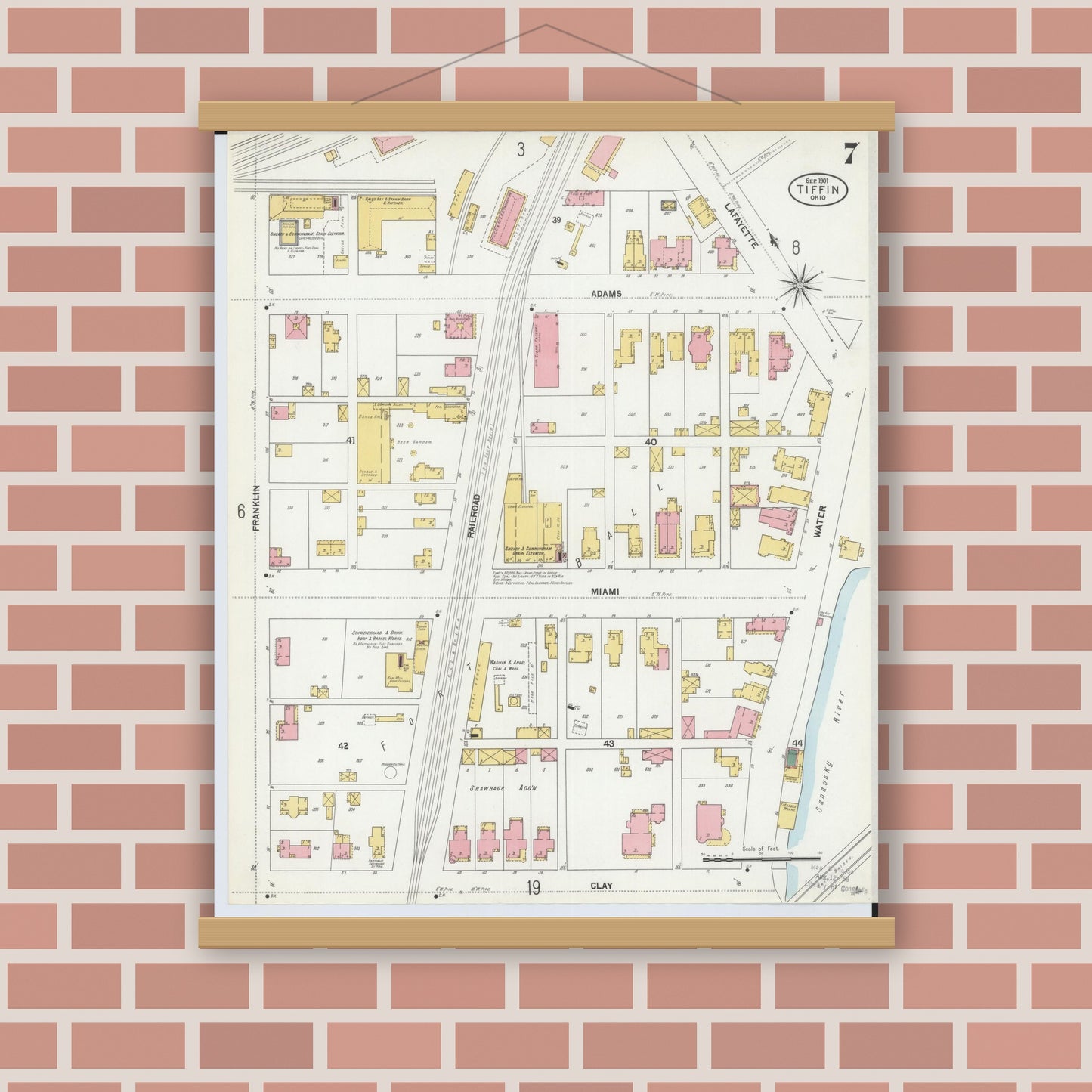 Old map wall art mockup — magnetic wood frame on brick wall — Sanborn Fire Insurance Map from Tiffin, Seneca County, Ohio (1901), Sheet #0007