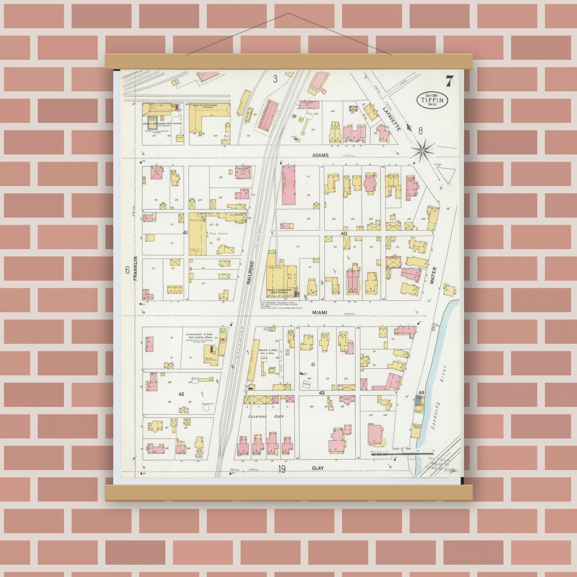 Old map wall art mockup — magnetic wood frame on brick wall — Sanborn Fire Insurance Map from Tiffin, Seneca County, Ohio (1901), Sheet #0007