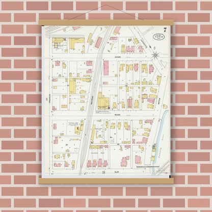Old map wall art mockup — magnetic wood frame on brick wall — Sanborn Fire Insurance Map from Tiffin, Seneca County, Ohio (1901), Sheet #0007