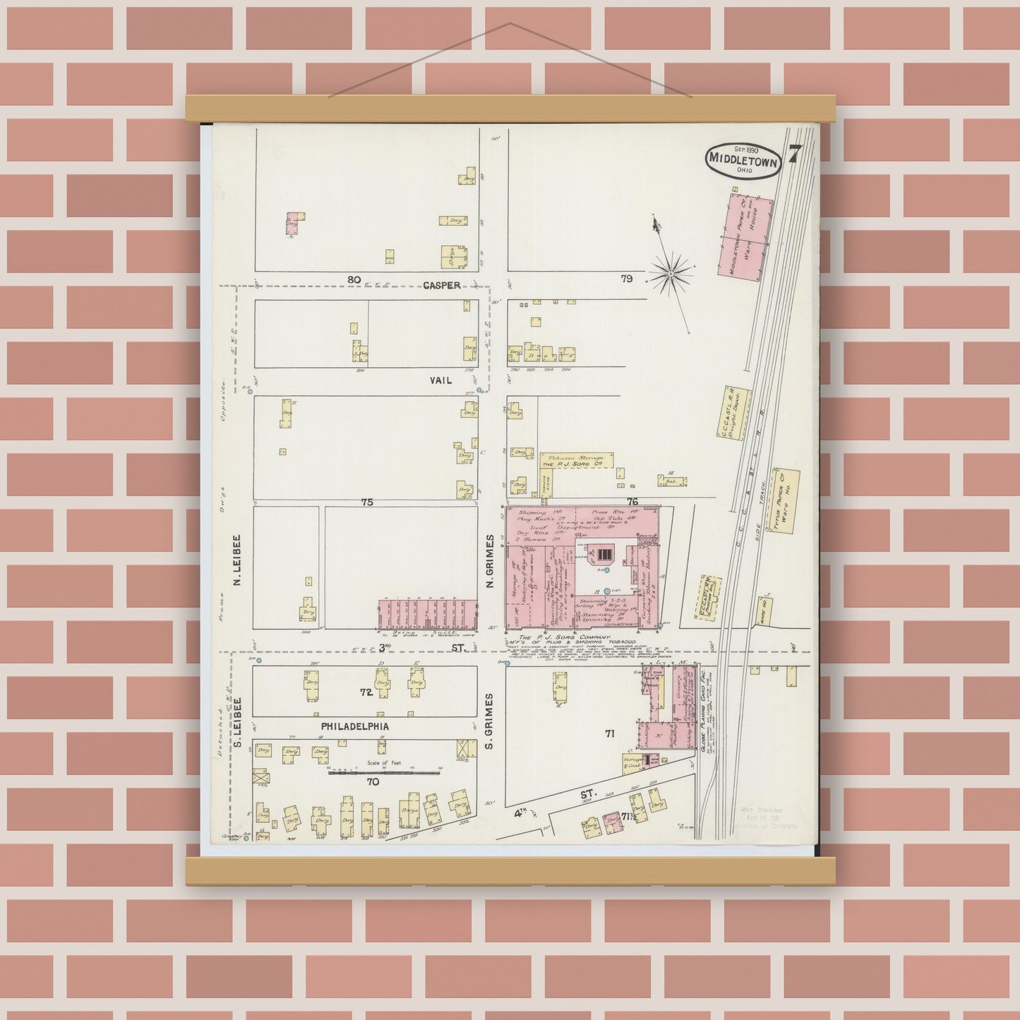 Old map wall art mockup — magnetic wood frame on brick wall — Sanborn Fire Insurance Map from Middletown, Butler County, Ohio (1890), Sheet #0007