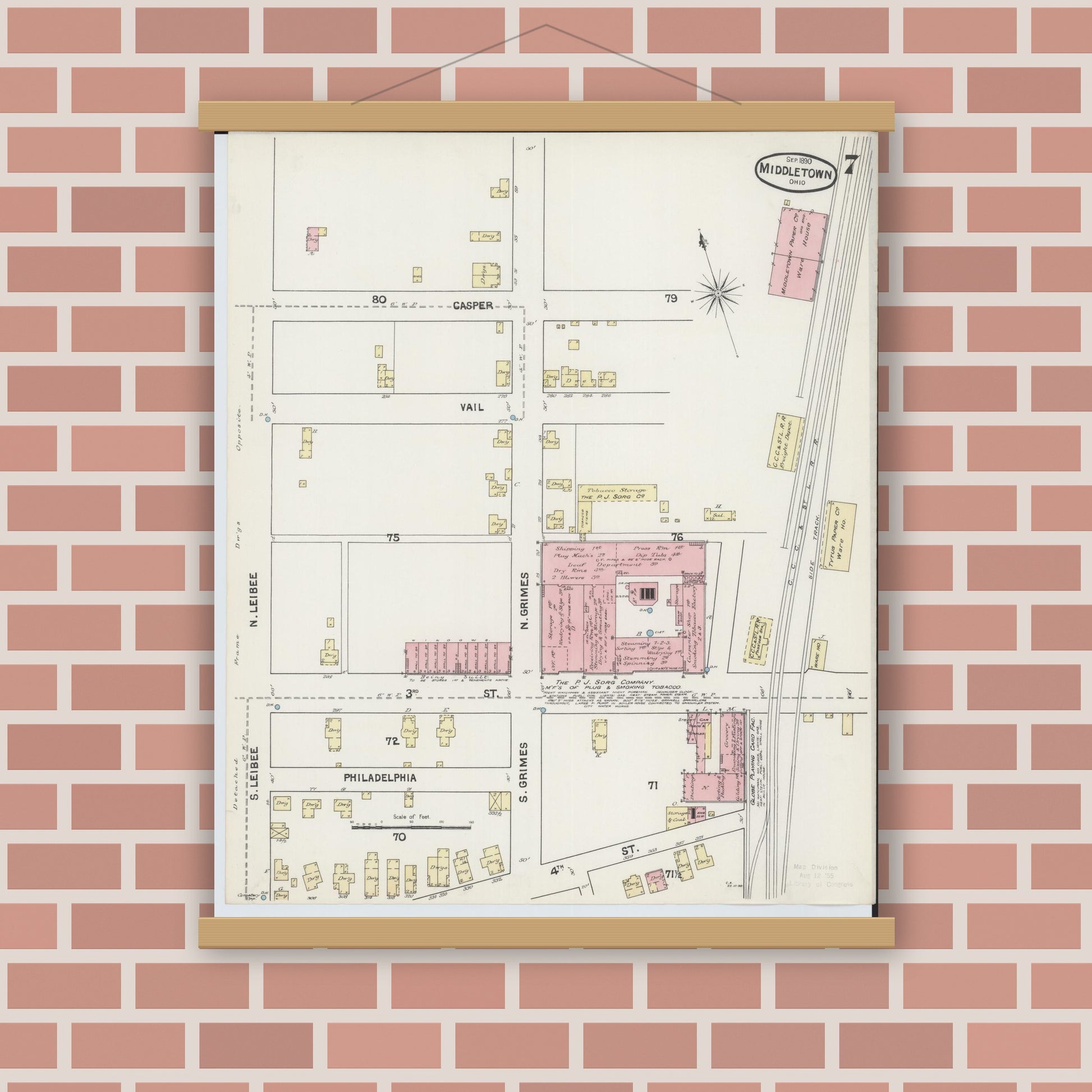 Old map wall art mockup — magnetic wood frame on brick wall — Sanborn Fire Insurance Map from Middletown, Butler County, Ohio (1890), Sheet #0007