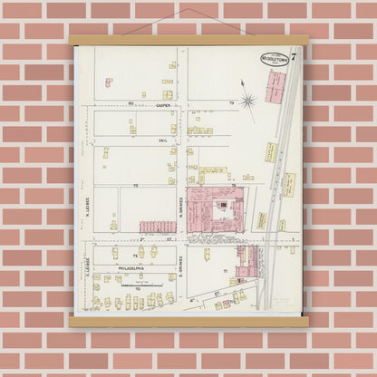 Old map wall art mockup — magnetic wood frame on brick wall — Sanborn Fire Insurance Map from Middletown, Butler County, Ohio (1890), Sheet #0007