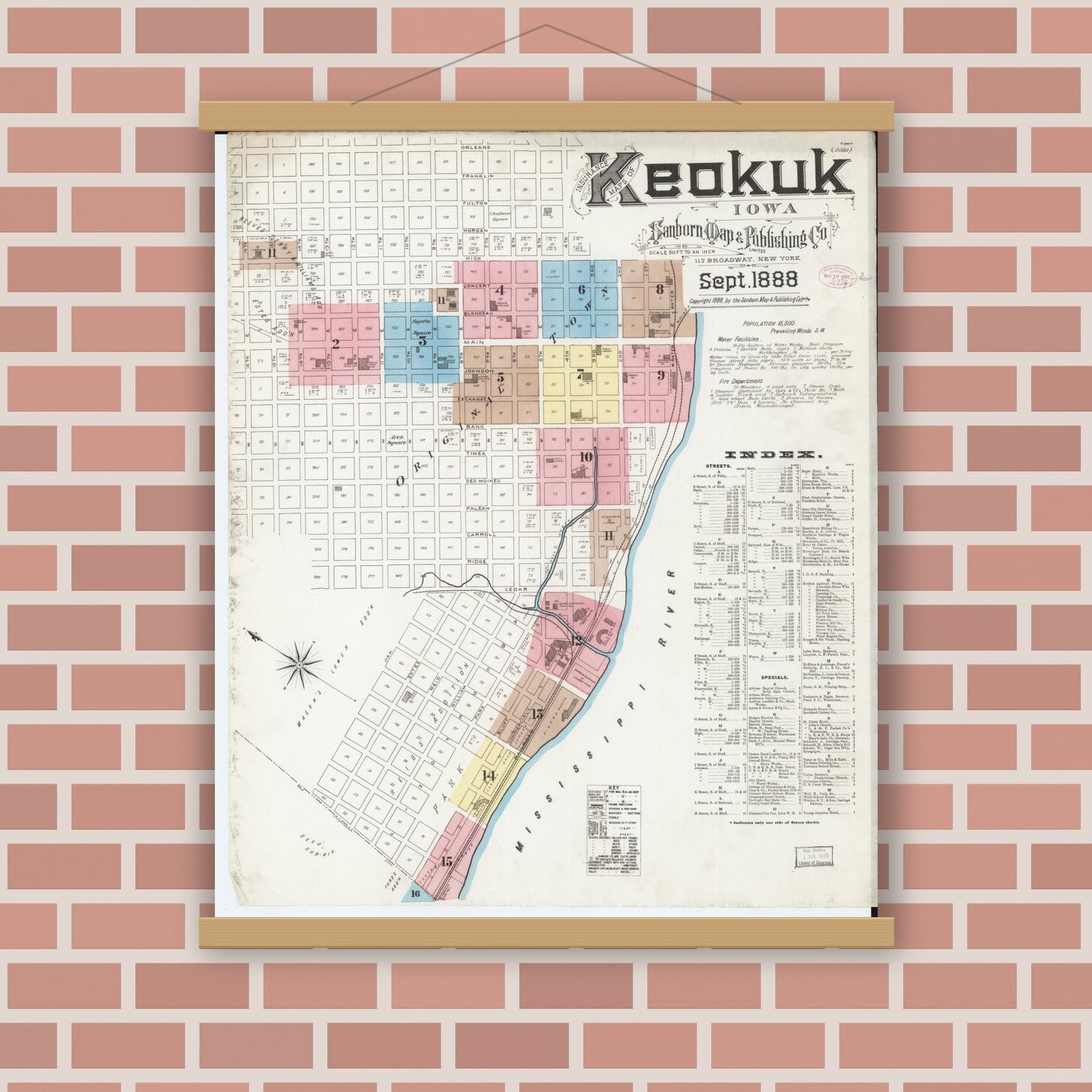 Old map wall art mockup — magnetic wood frame on brick wall — Sanborn Fire Insurance Map from Keokuk, Lee County, Iowa (1888) â€” Complete Set