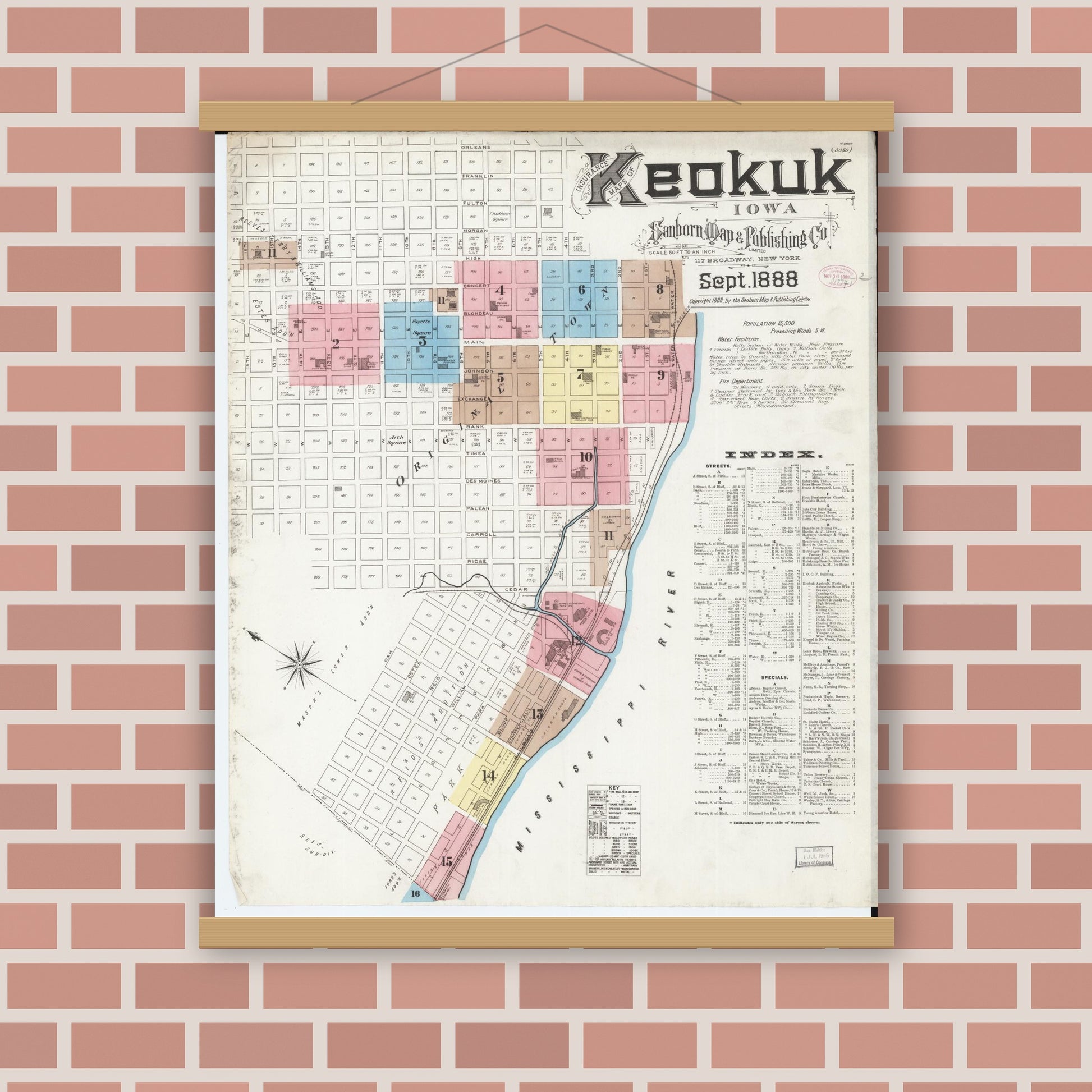 Old map wall art mockup — magnetic wood frame on brick wall — Sanborn Fire Insurance Map from Keokuk, Lee County, Iowa (1888) â€” Complete Set