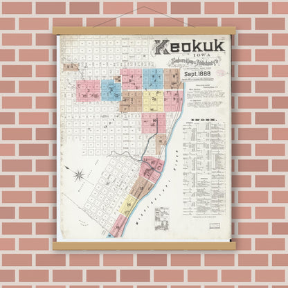 Old map wall art mockup — magnetic wood frame on brick wall — Sanborn Fire Insurance Map from Keokuk, Lee County, Iowa (1888) â€” Complete Set