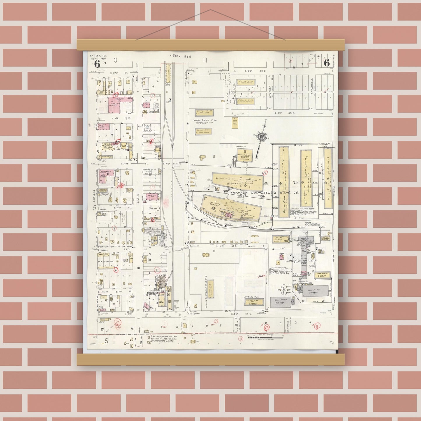 Old map wall art mockup — magnetic wood frame on brick wall — Sanborn Fire Insurance Map from Lamesa, Dawson County, Texas (1948), Sheet #0006
