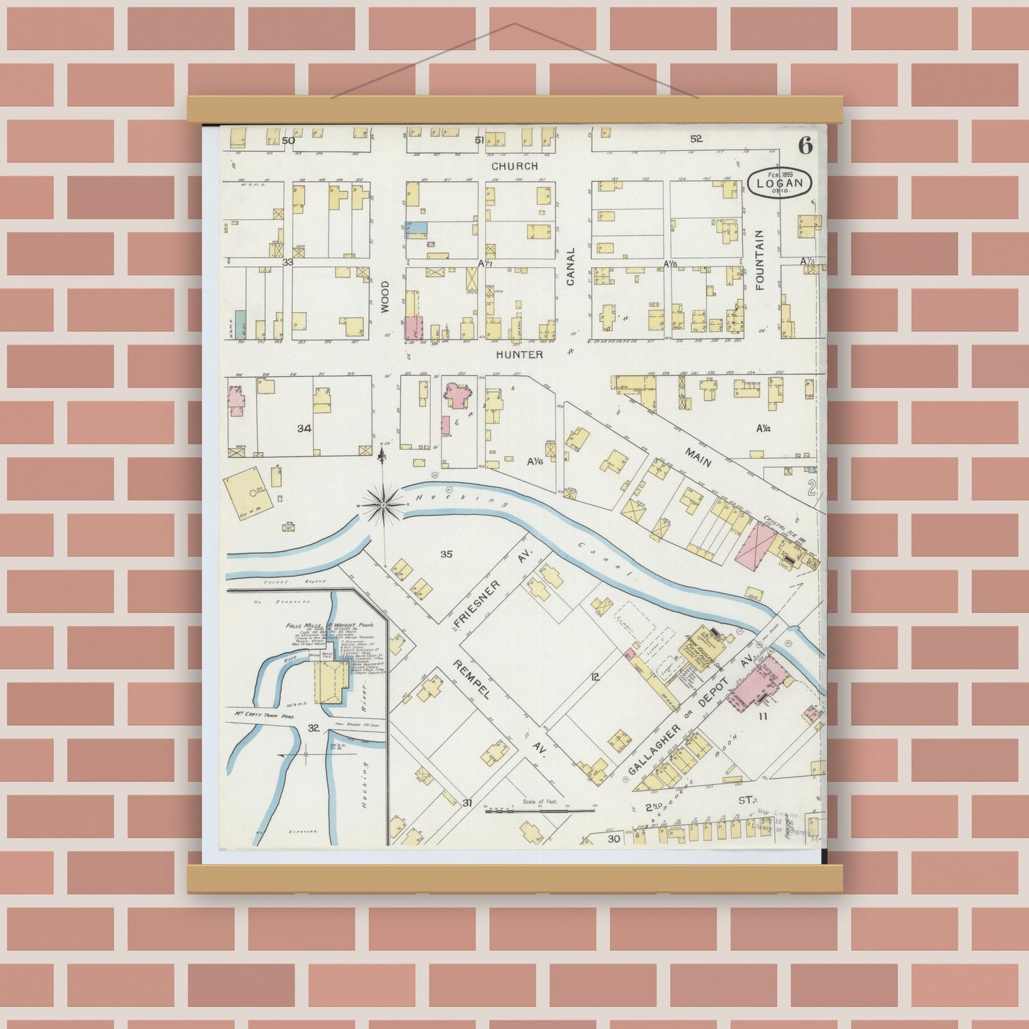 Old map wall art mockup — magnetic wood frame on brick wall — Sanborn Fire Insurance Map from Logan, Hocking County, Ohio (1893), Sheet #0006