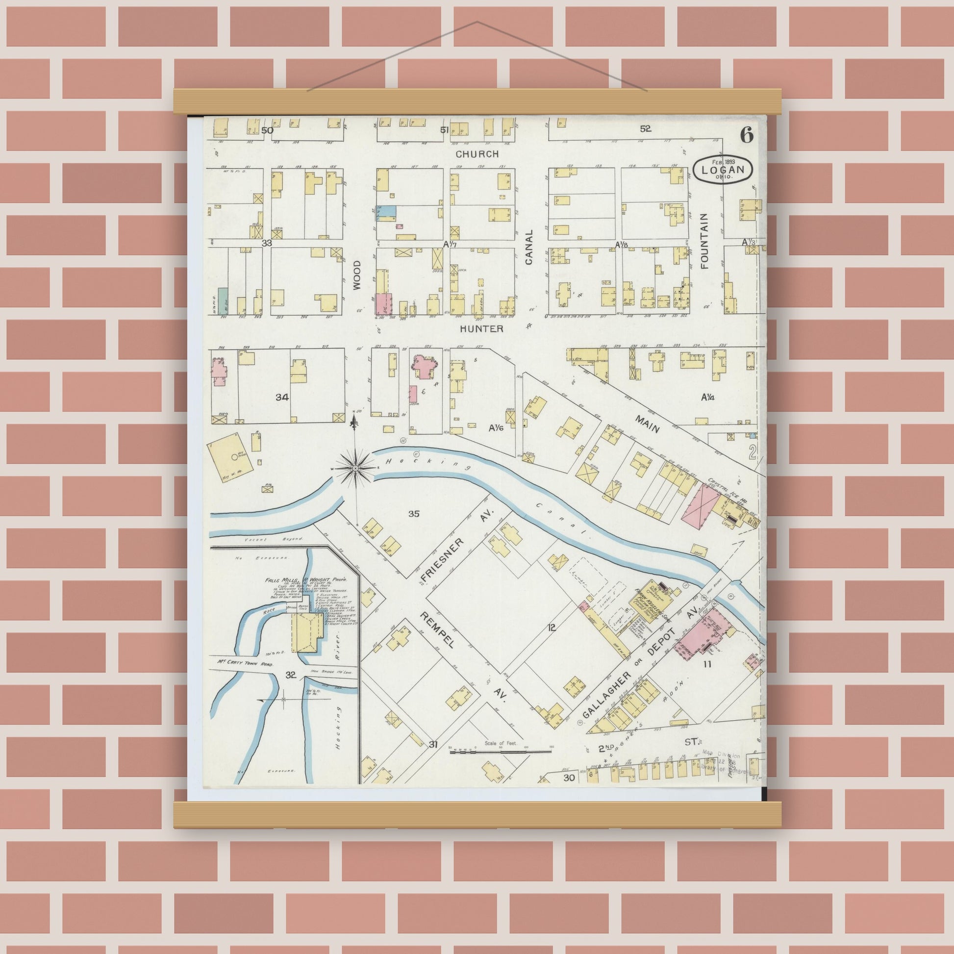 Old map wall art mockup — magnetic wood frame on brick wall — Sanborn Fire Insurance Map from Logan, Hocking County, Ohio (1893), Sheet #0006