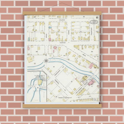 Old map wall art mockup — magnetic wood frame on brick wall — Sanborn Fire Insurance Map from Logan, Hocking County, Ohio (1893), Sheet #0006