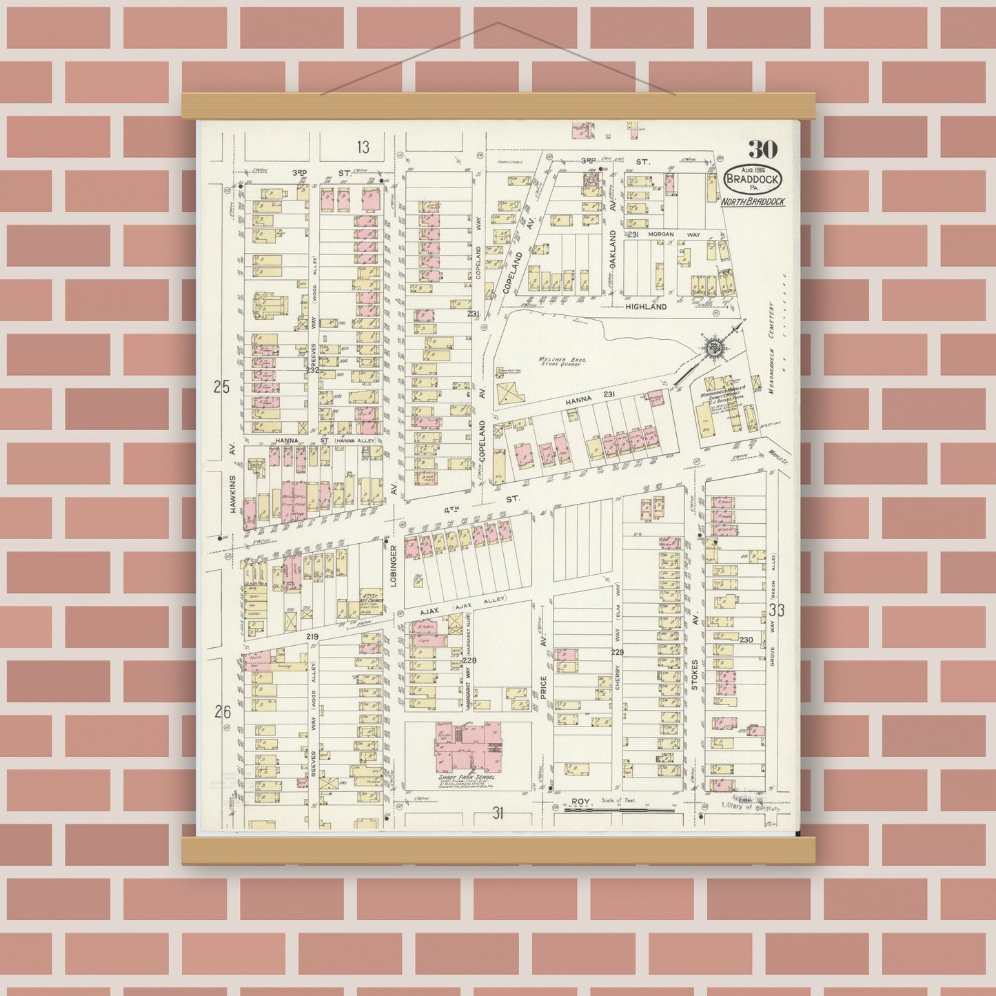 Old map wall art mockup — magnetic wood frame on brick wall — Sanborn Fire Insurance Map from Braddock, Allegheny County, Pennsylvania (1914), Sheet #0030