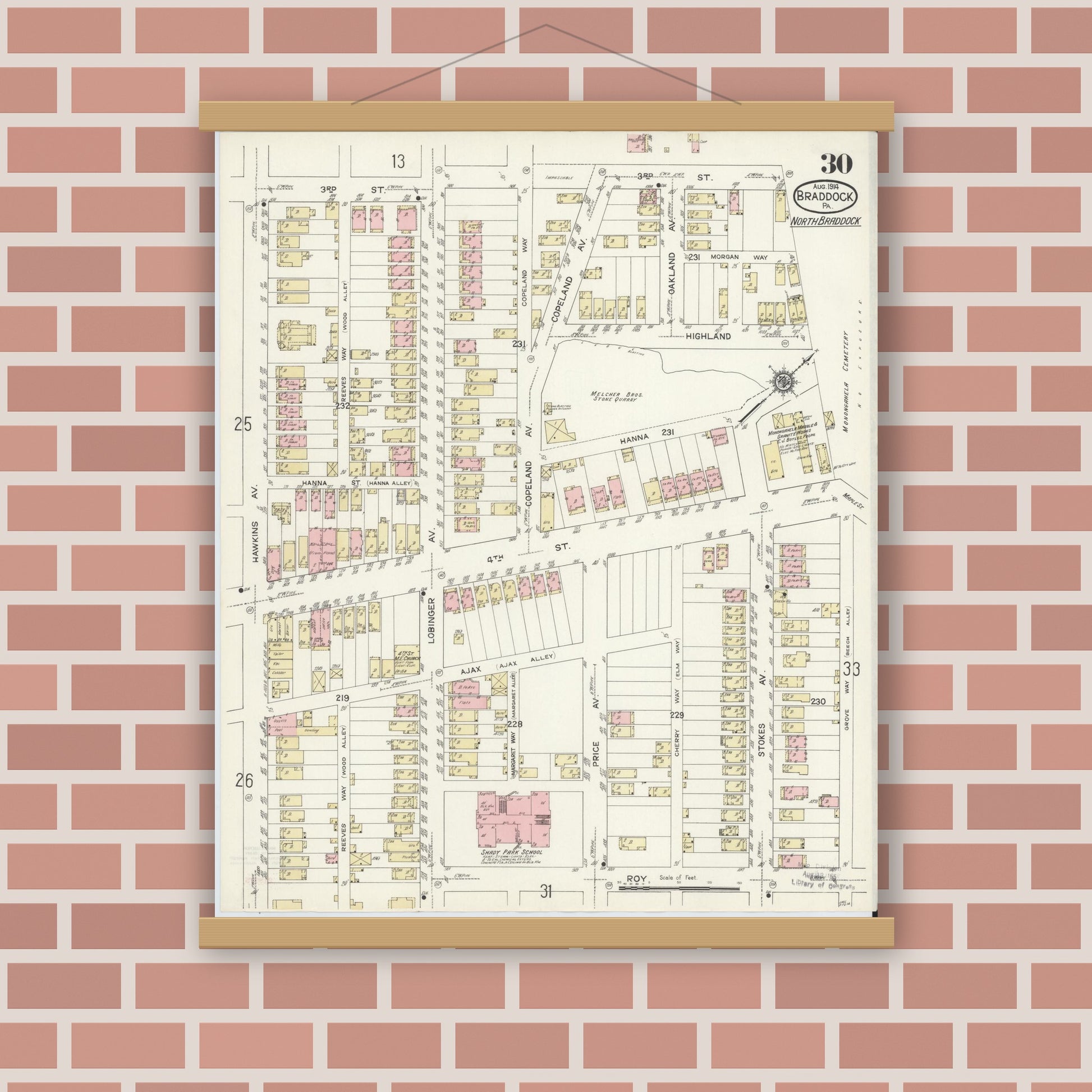 Old map wall art mockup — magnetic wood frame on brick wall — Sanborn Fire Insurance Map from Braddock, Allegheny County, Pennsylvania (1914), Sheet #0030