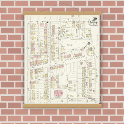 Old map wall art mockup — magnetic wood frame on brick wall — Sanborn Fire Insurance Map from Braddock, Allegheny County, Pennsylvania (1914), Sheet #0030