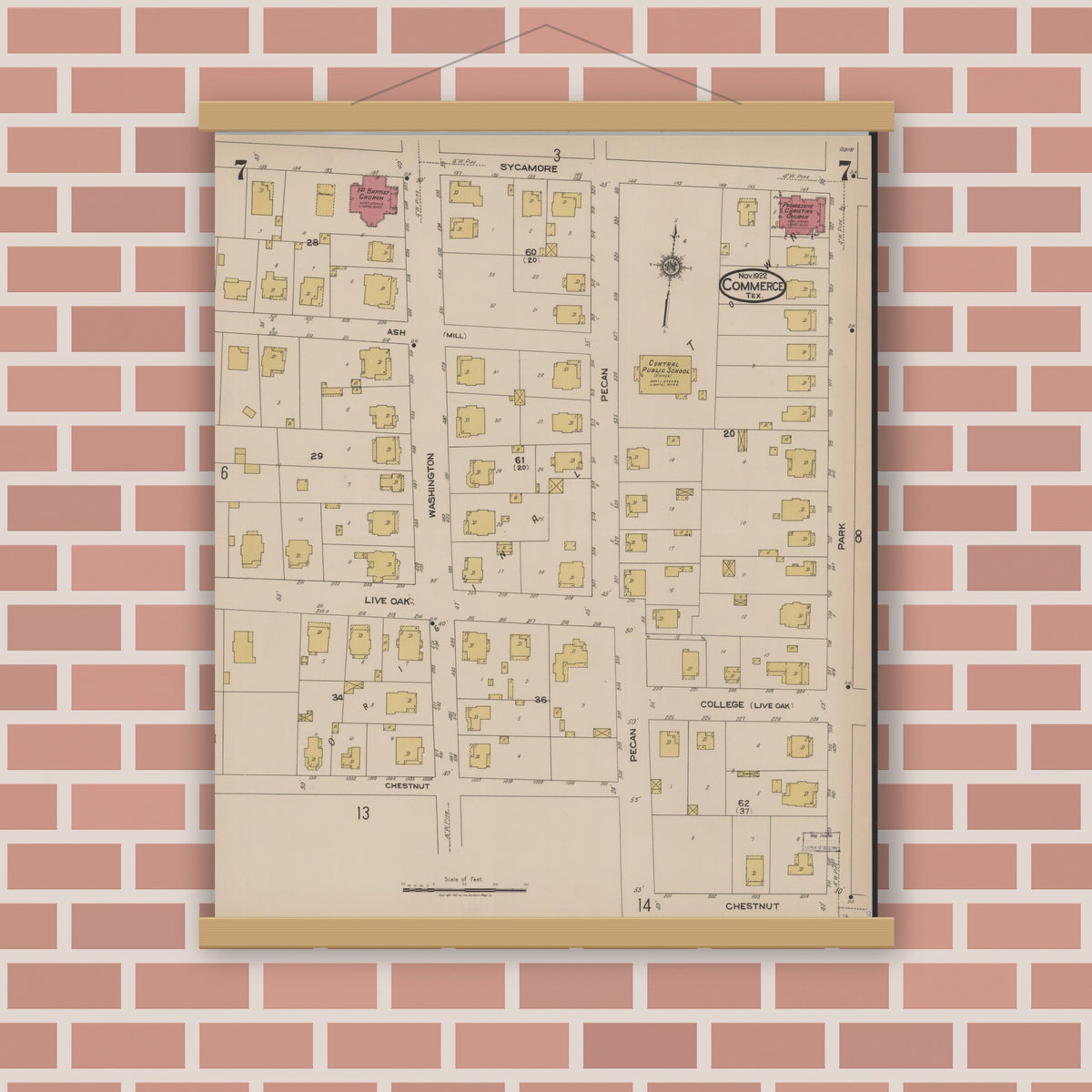 Old map wall art mockup — magnetic wood frame on brick wall — Sanborn Fire Insurance Map from Commerce, Hunt County, Texas (1922), Sheet #0007