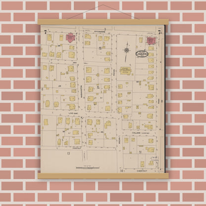 Old map wall art mockup — magnetic wood frame on brick wall — Sanborn Fire Insurance Map from Commerce, Hunt County, Texas (1922), Sheet #0007