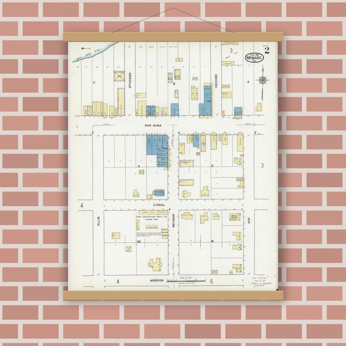 Old map wall art mockup — magnetic wood frame on brick wall — Sanborn Fire Insurance Map from Menard, Menard County, Texas (1921), Sheet #0002