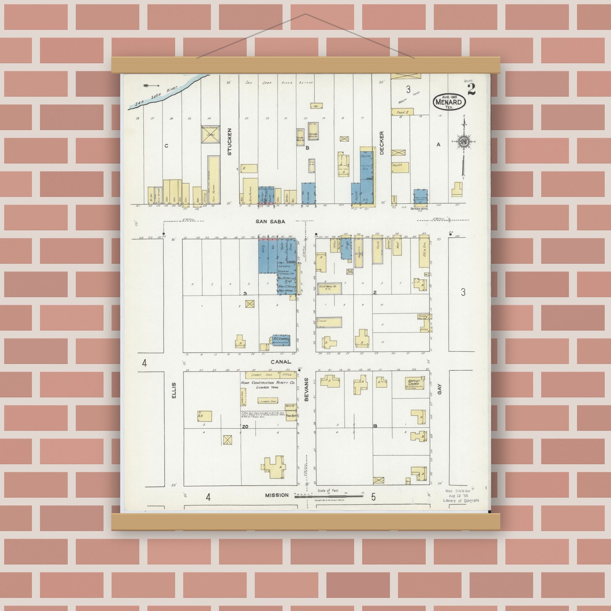 Old map wall art mockup — magnetic wood frame on brick wall — Sanborn Fire Insurance Map from Menard, Menard County, Texas (1921), Sheet #0002