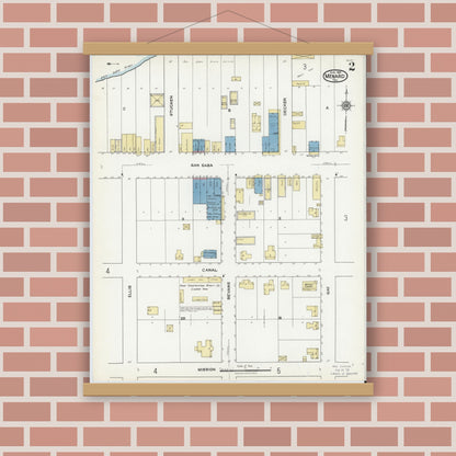 Old map wall art mockup — magnetic wood frame on brick wall — Sanborn Fire Insurance Map from Menard, Menard County, Texas (1921), Sheet #0002