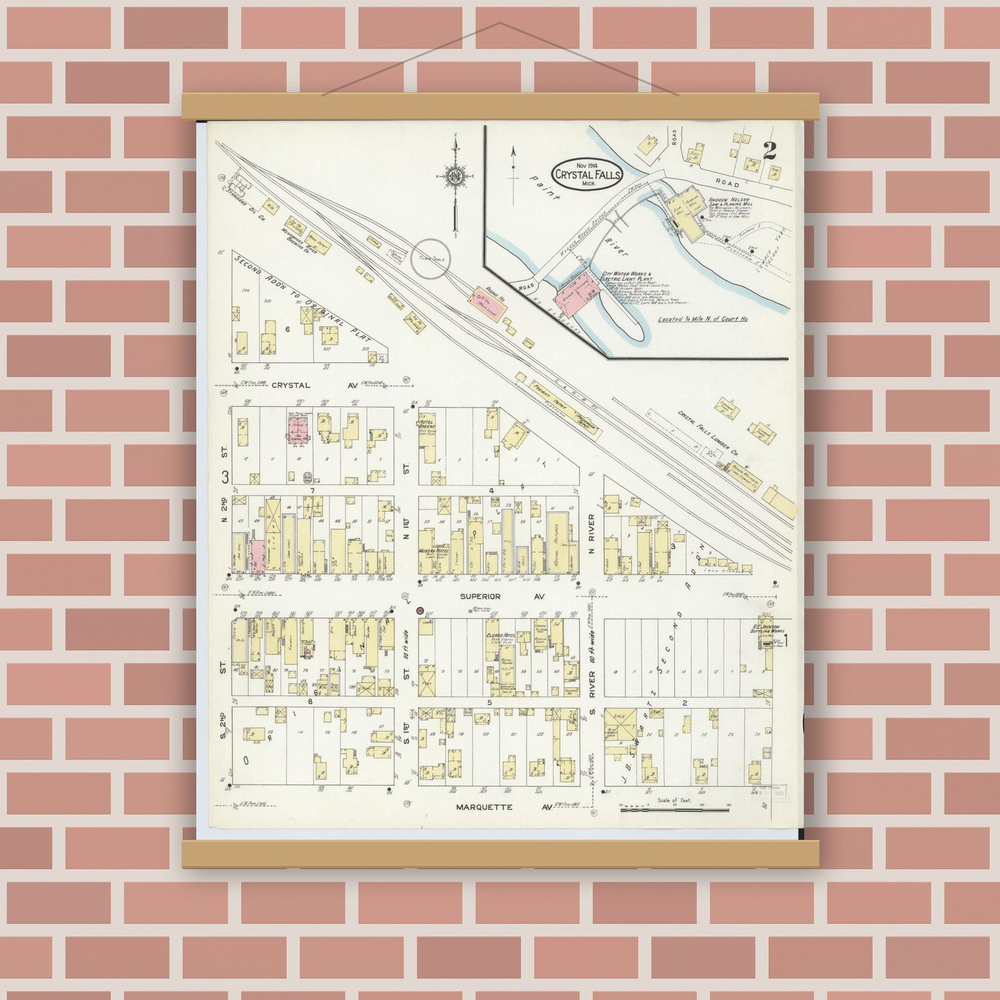 Old map wall art mockup — magnetic wood frame on brick wall — Sanborn Fire Insurance Map from Crystal Falls, Iron County, Michigan (1914), Sheet #0002